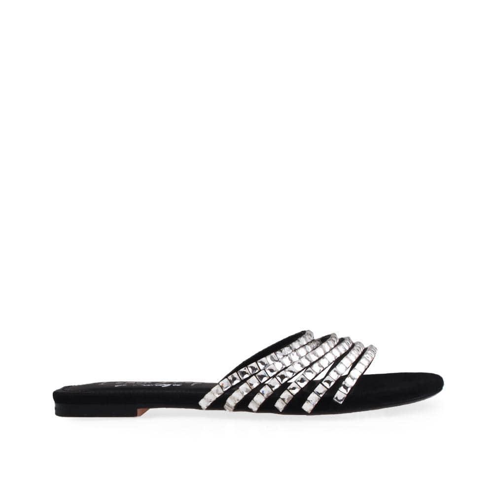 women's black-colored flats with rhinestone strappy upper and slide in style