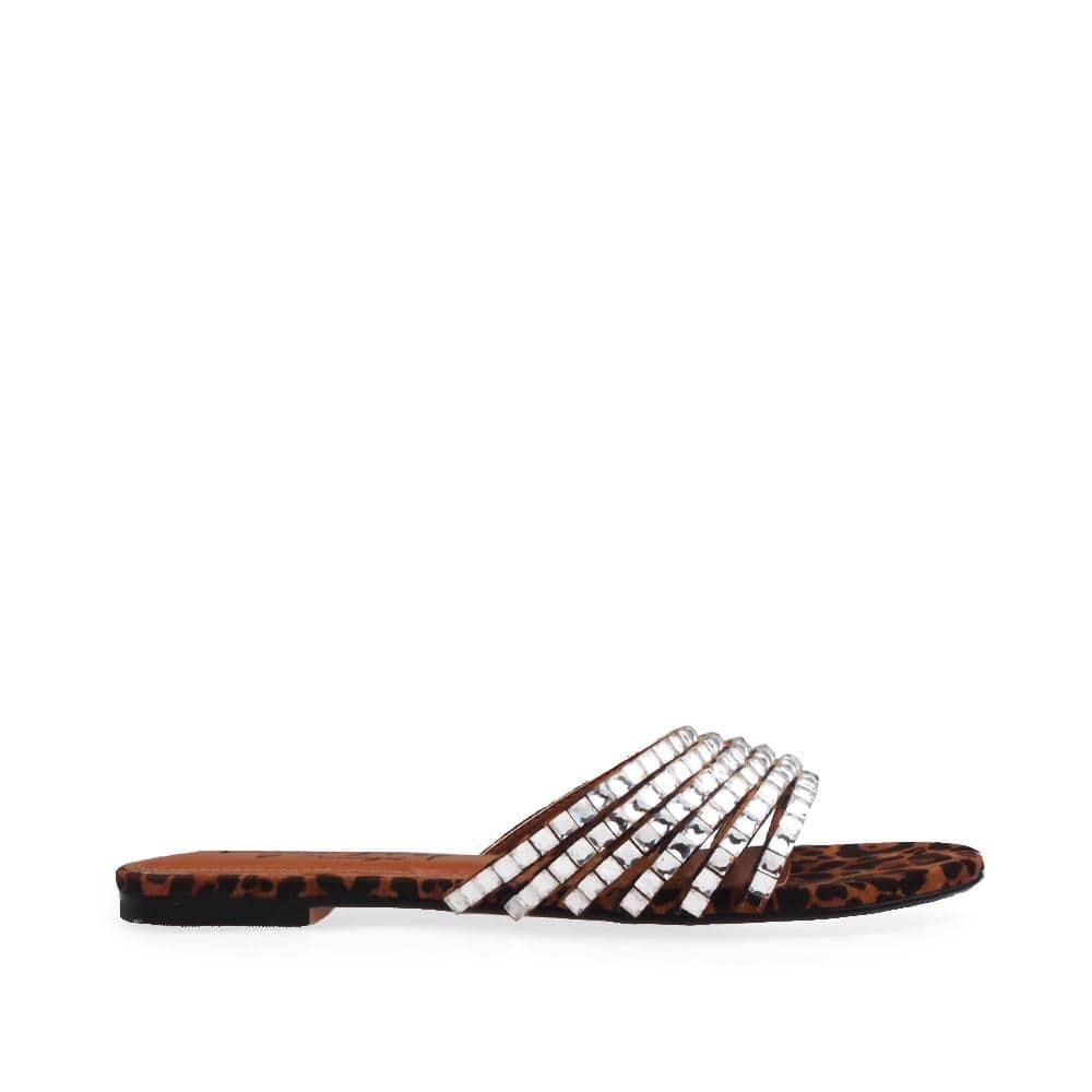 Women's leopard-pattern flats with a rhinestone strappy top and slide in style