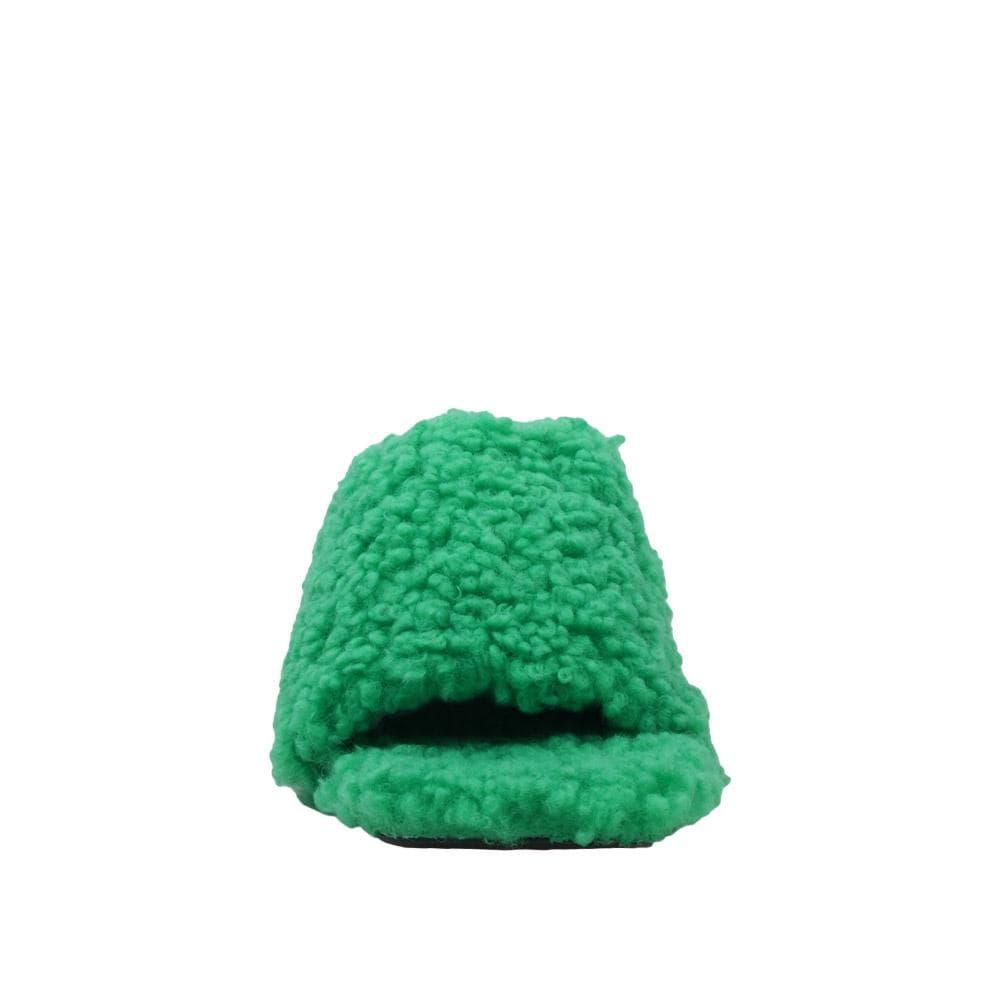 Green colored women flats covered with faux fur-front view