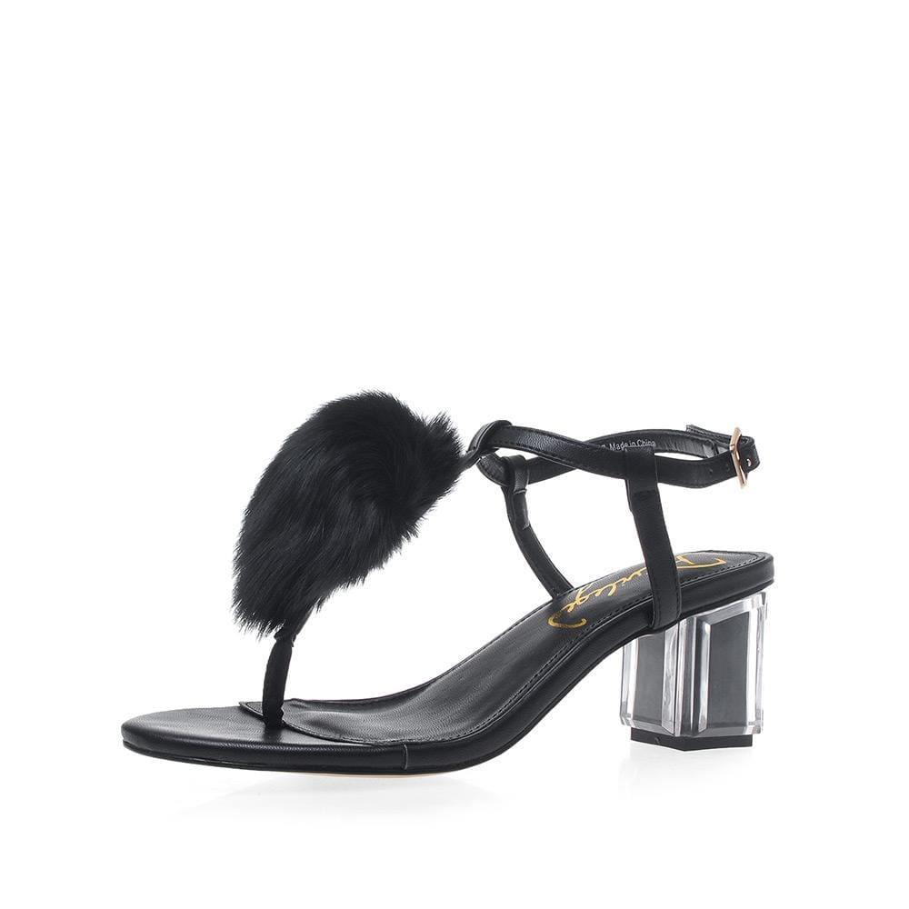 Women's block heel in black with fur-corner view