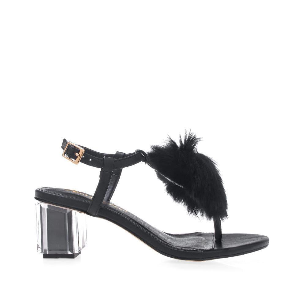 Women's block heel in black with fur-side view