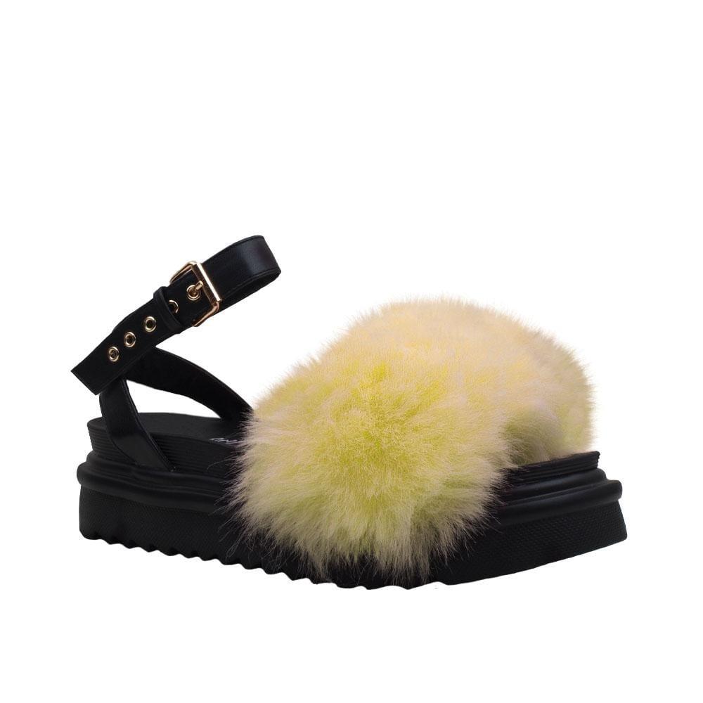 High sole faux fur women slip ons in yellow-corner view