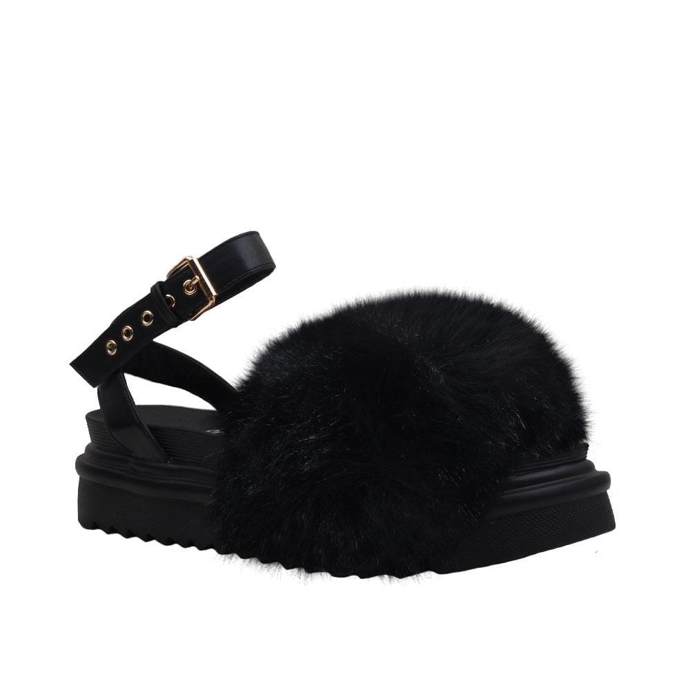 High sole faux fur women slip-ons in black-corner view