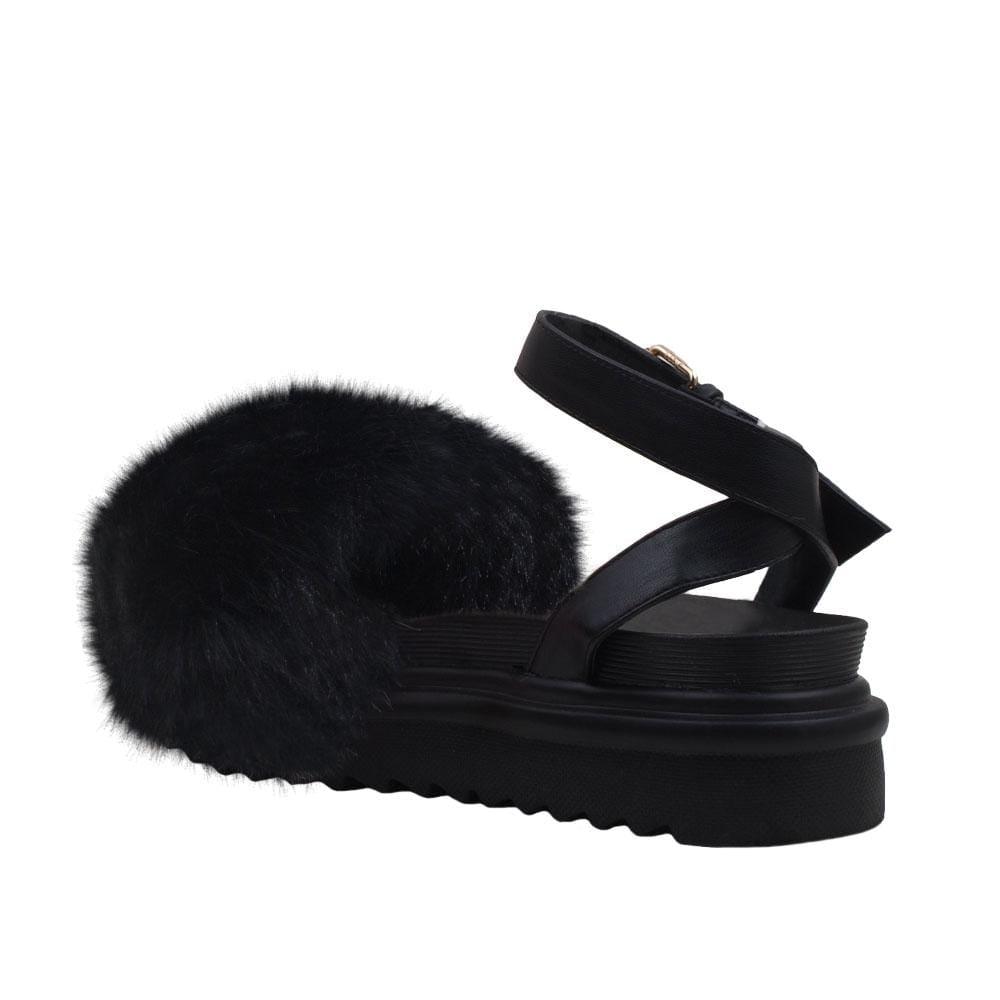 High sole faux fur women slip-ons in black-posterior view