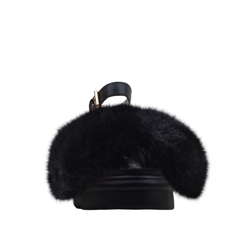 High sole faux fur women slip-ons in black-front view
