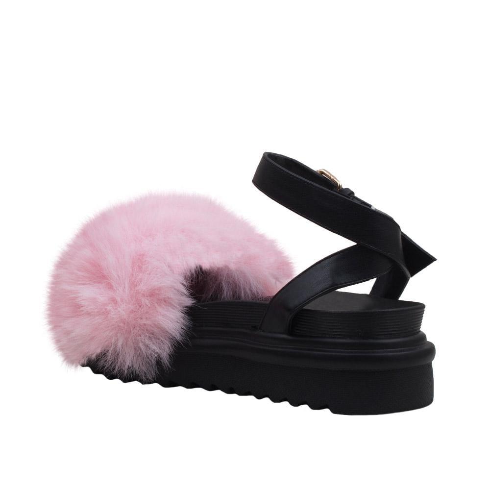 High sole faux fur women slip-ons in pink-posterior view