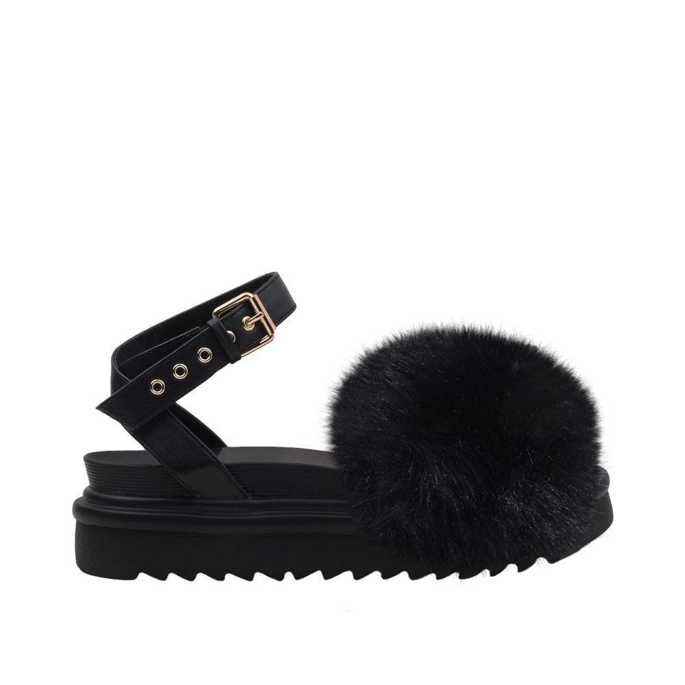 High sole faux fur women slip-ons in black-side view