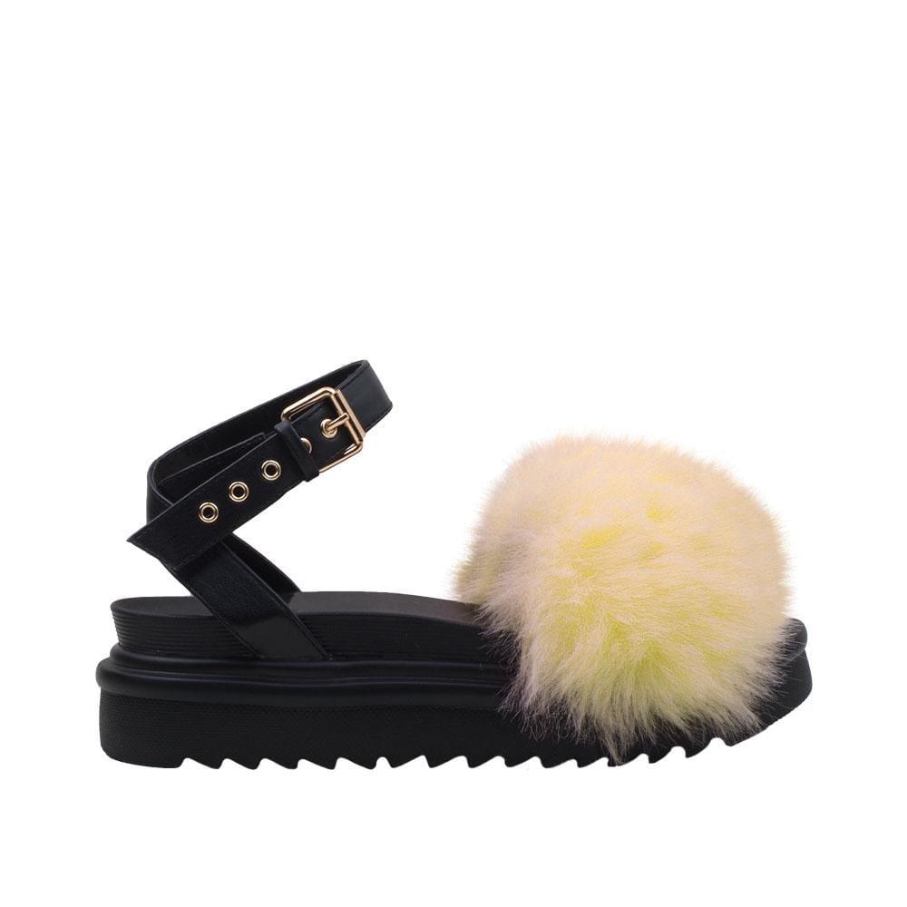 High sole faux fur women slip ons in yellow-side view