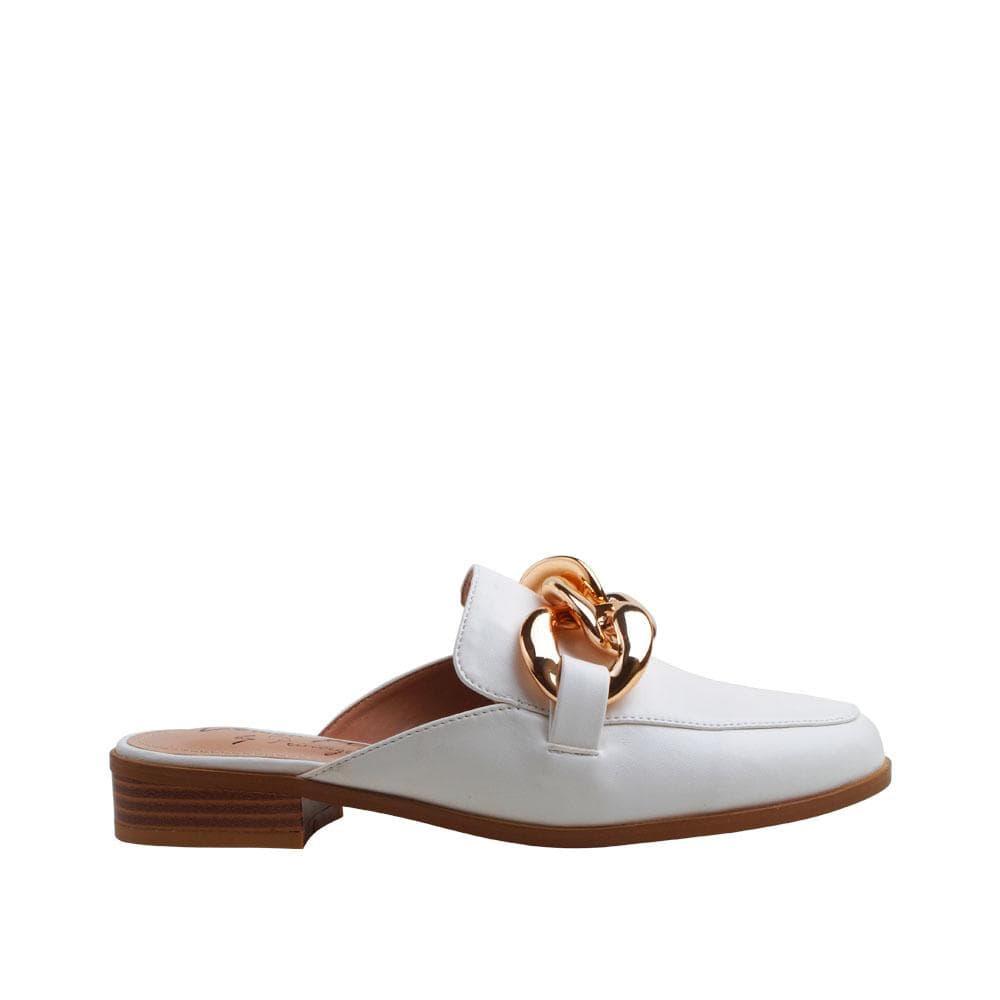 Flats in white with a gold chain top and slip-on style.