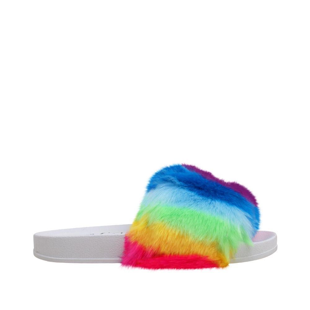 Flats in white with multi-colored furry upper and slip on design