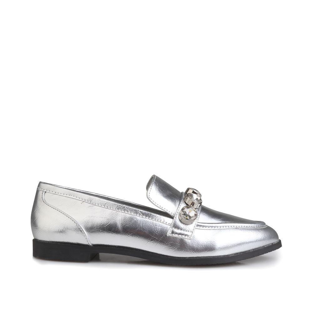 Silver flats with rhinestone embellishment upper and slip-on style
