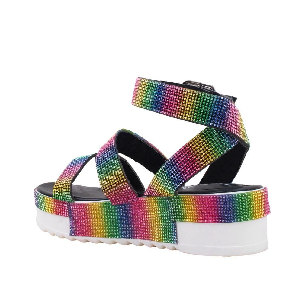 Multi coloured rhinestone embroidered faux leather women's shoe-posterior view
