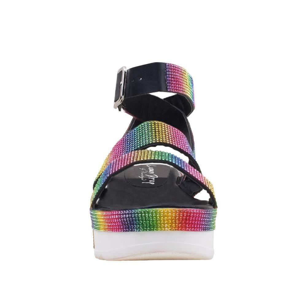 Multi coloured rhinestone embroidered faux leather women's shoe-front view