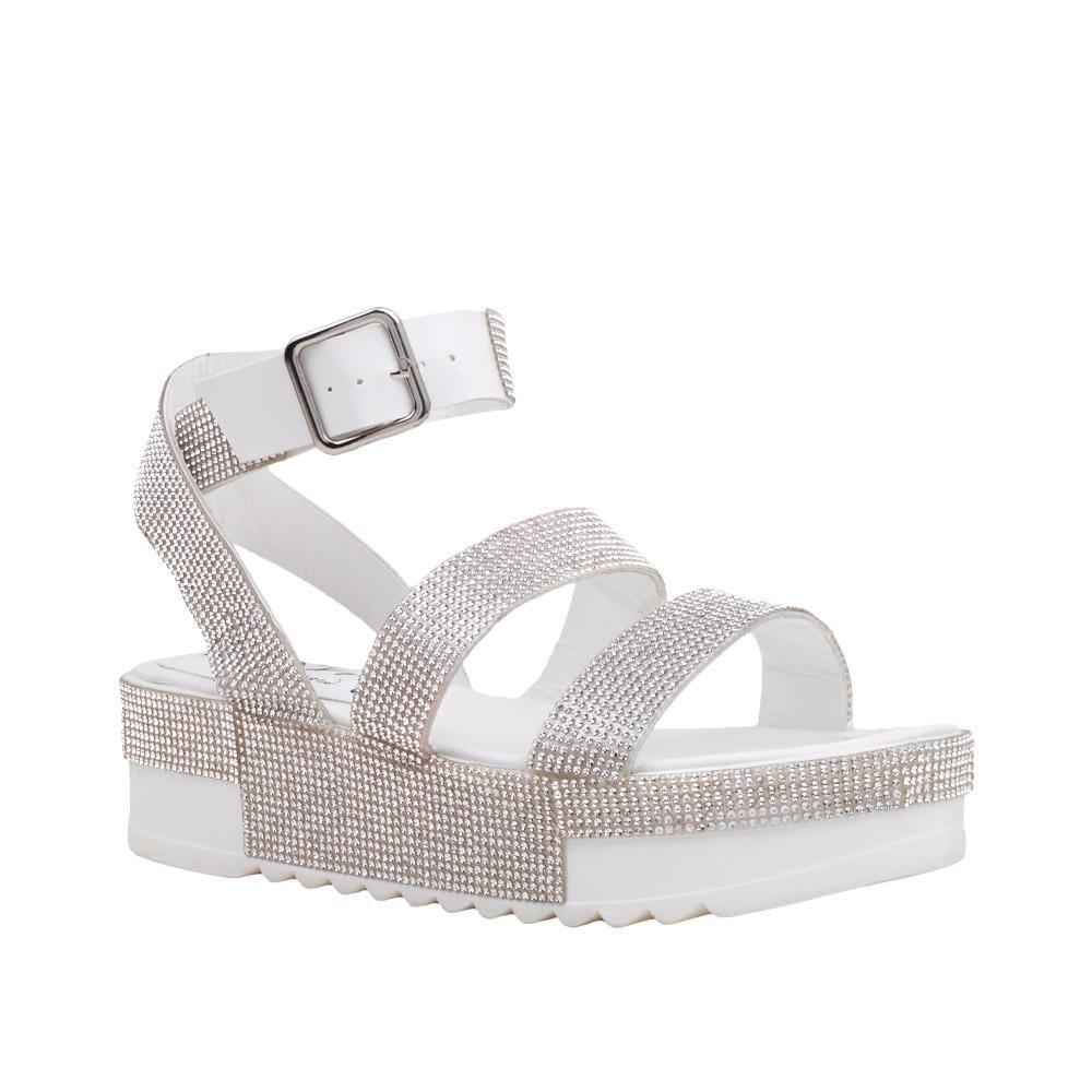 Rhinestone emroidered faux leather women's shoe in white-corner view
