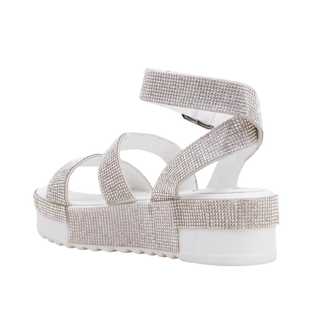 Rhinestone emroidered faux leather women's shoe in white-posterior view