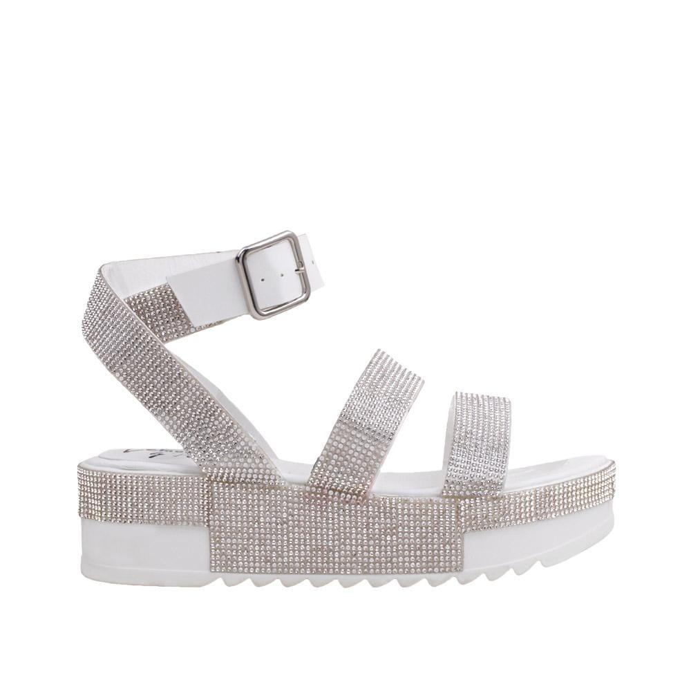 Rhinestone emroidered faux leather women's shoe in white-side view