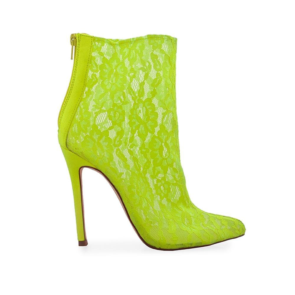 Neon green women booties with stiletto heel and lace textile upper