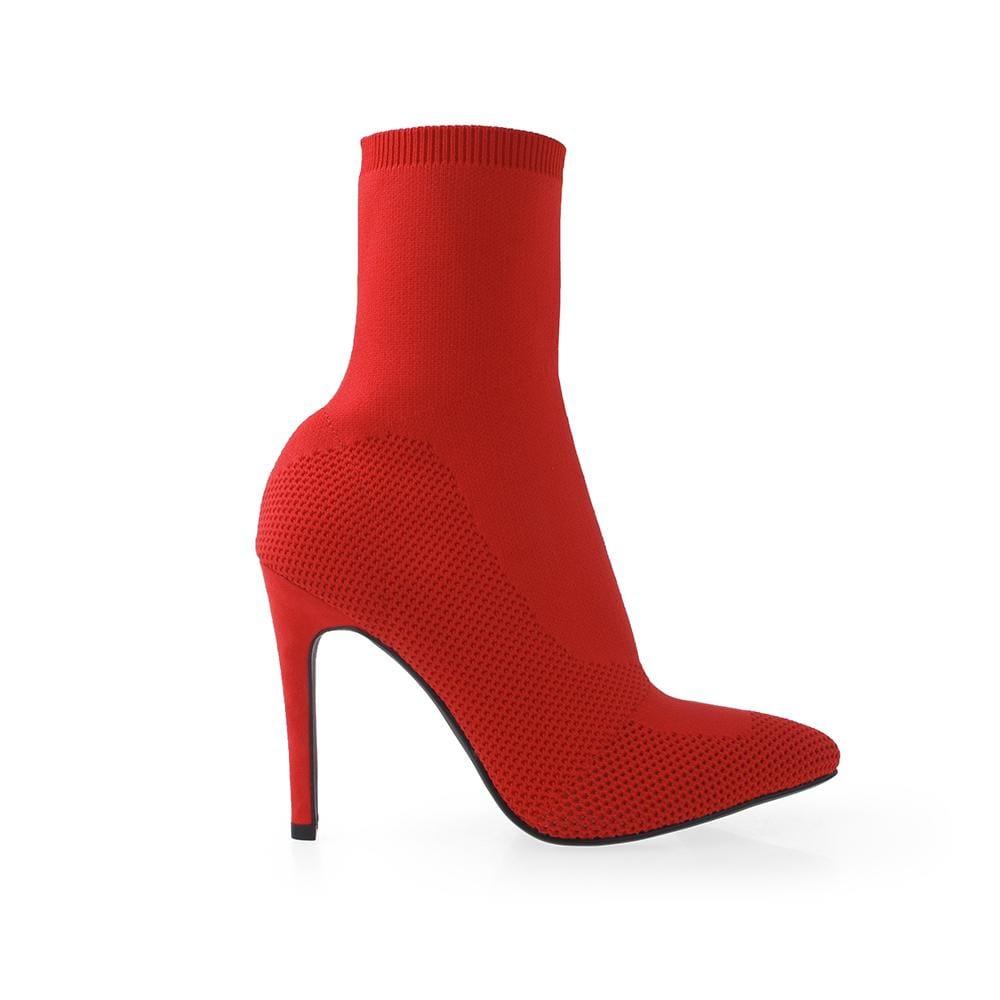 Ankle high boot heels with slip on design in red color