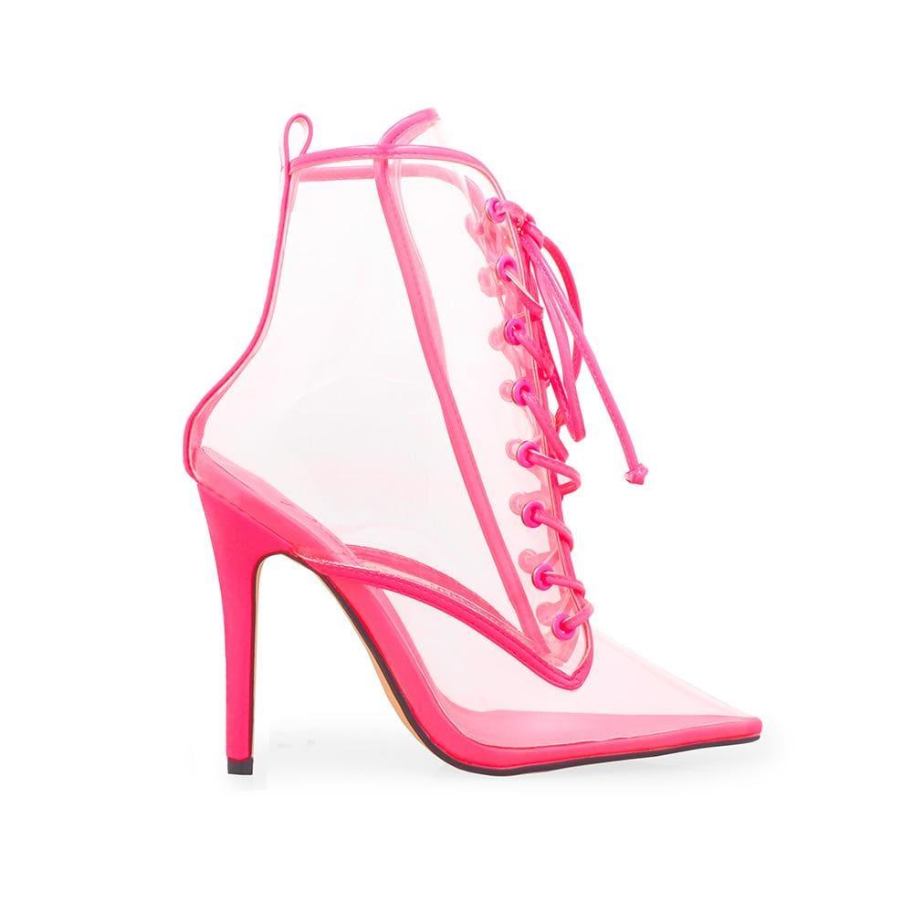 Pink ankle high boot heels with clear upper, pointed toe and lace up closure.