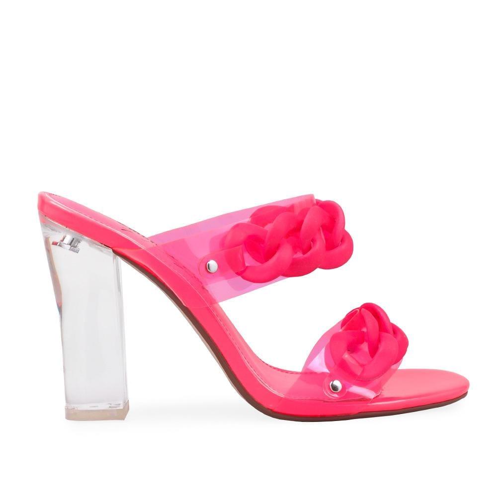 Translucent block heel with chain accents and pink upper