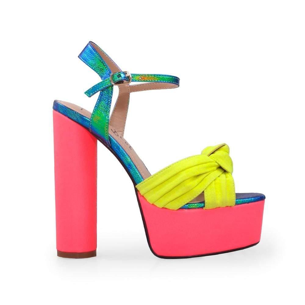 Multi colored platforms with block heels and ankle buckle fastening