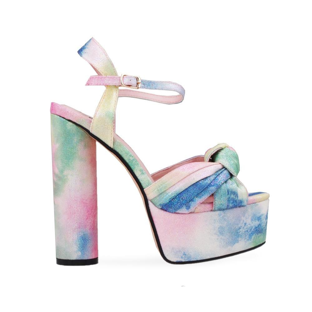 Platforms in pastel tie dye with block heels and ankle buckle closure