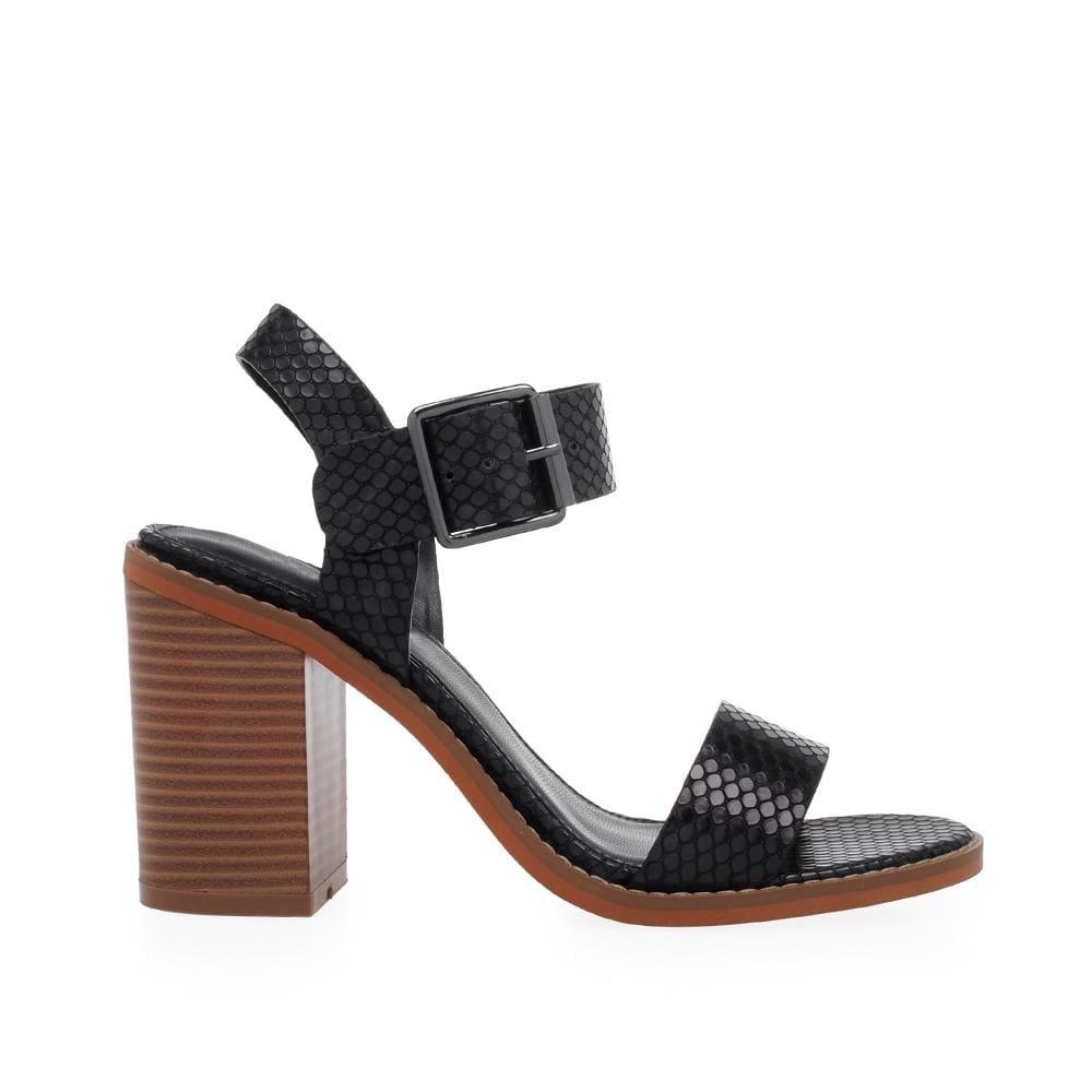 Women block heels in brown color with black snake skin upper and ankle buckle closure