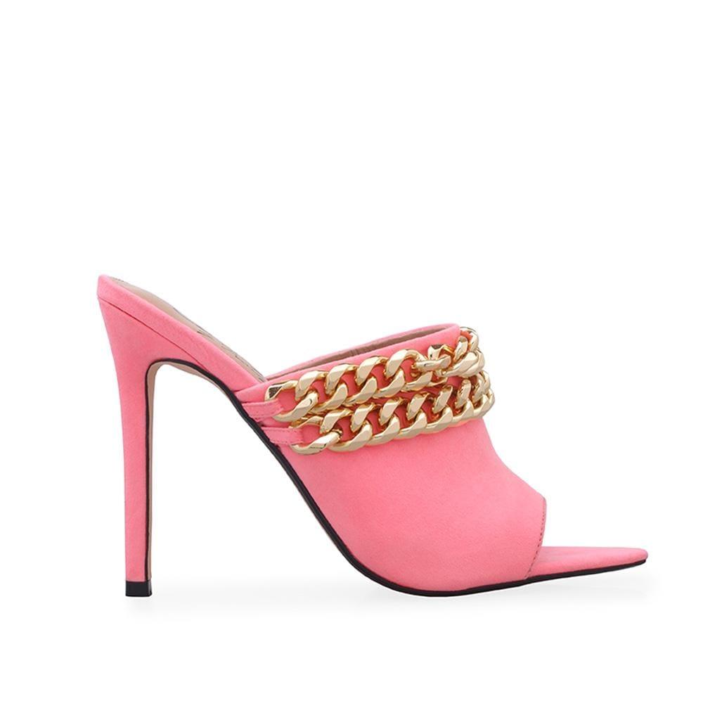 Pink coloured vegan suede upper with gold chain-side view