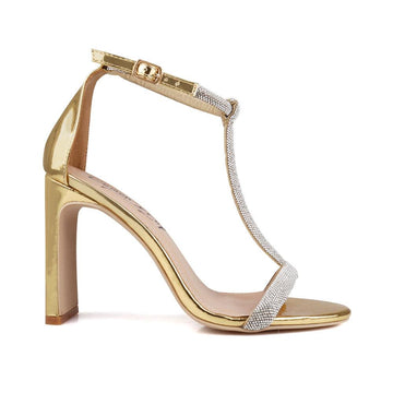 golden women heels with T-strap - side view