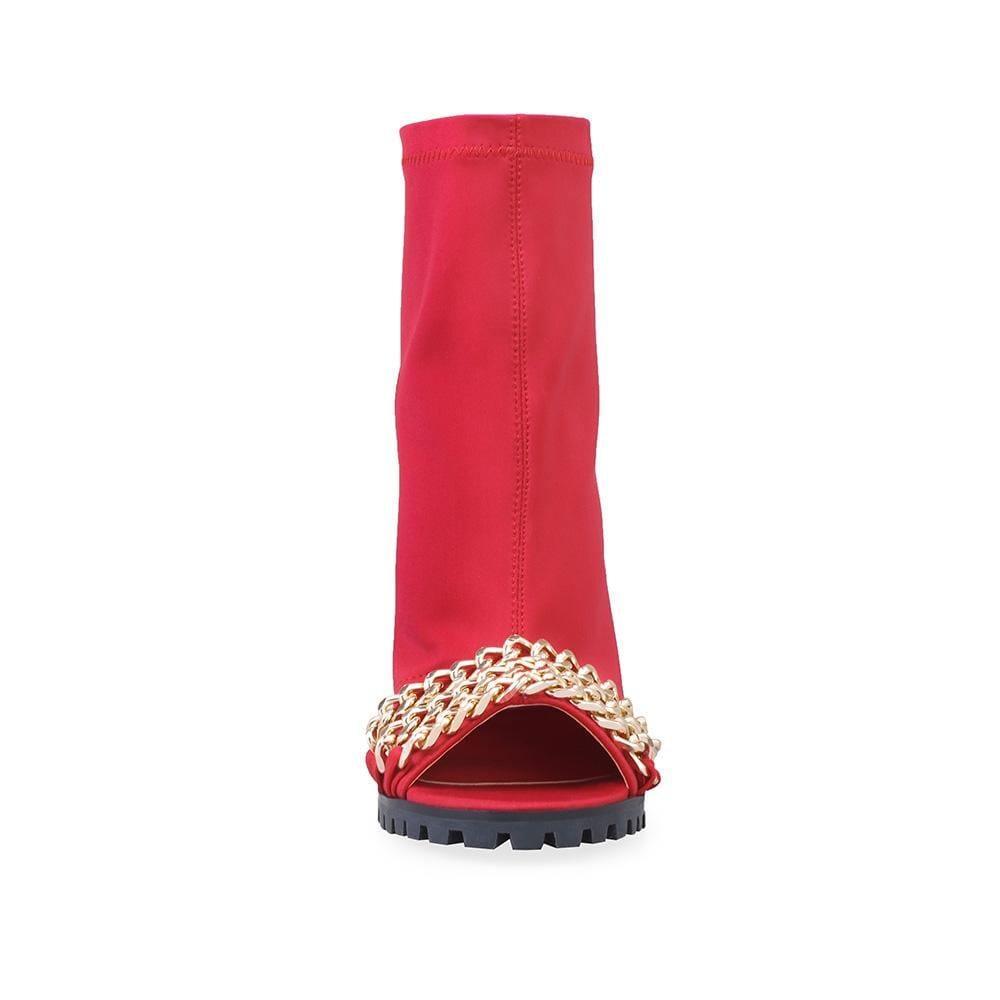 Red ankle boots with back zipper and open toe - front view