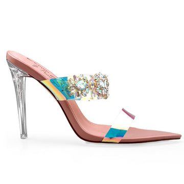 Nude colored women heels with shiny gemstone and multi-colored strap-side view