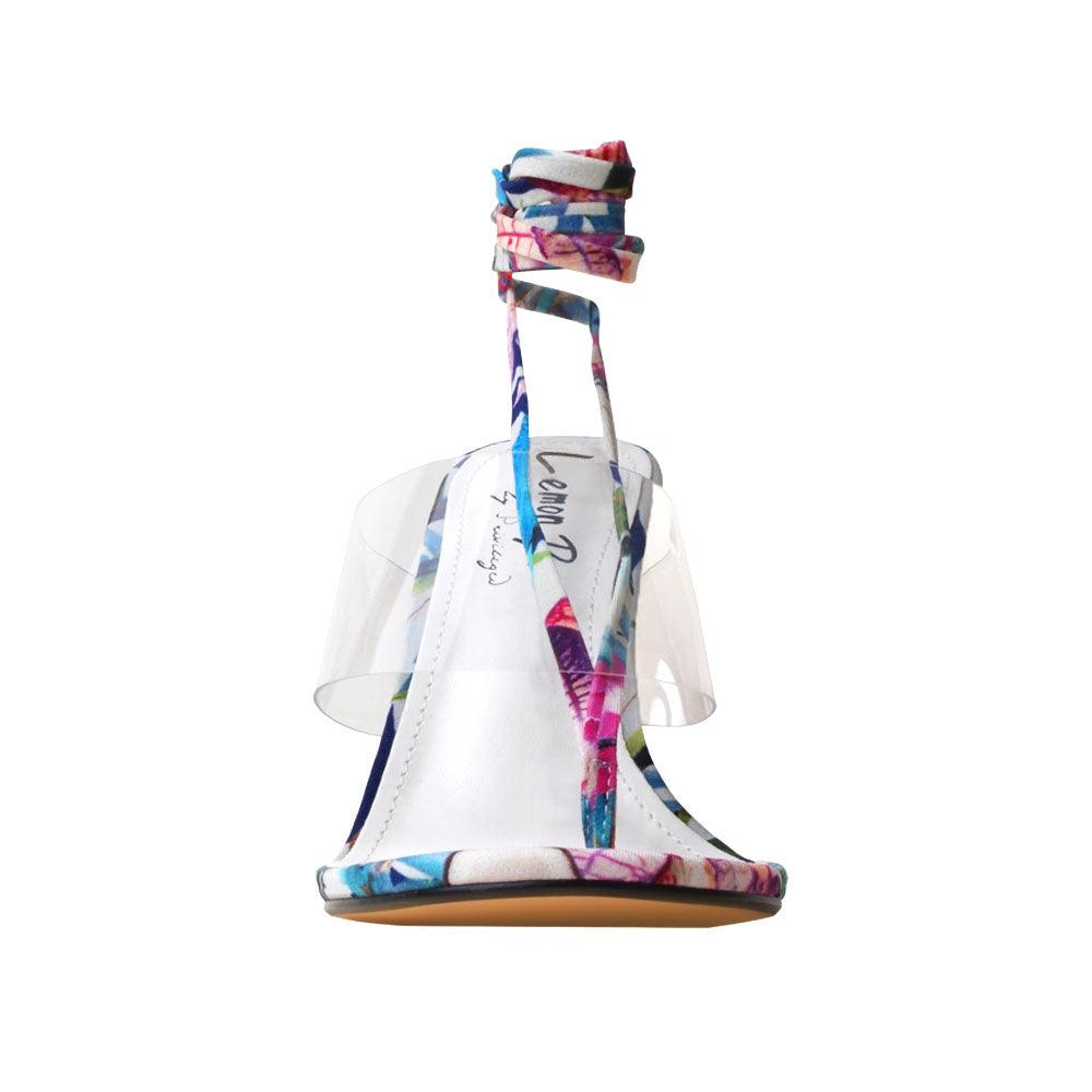Women's floral multi-colored heels with a transparent strap and lace tie-up clasp-front view