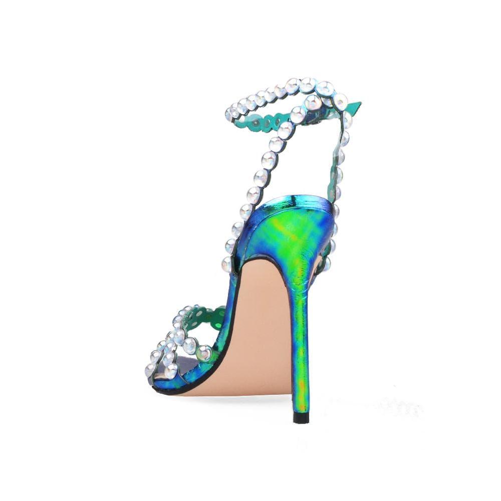 Green-colored women's pearl embedded open toed heels with ankle buckle fastening-posterior view