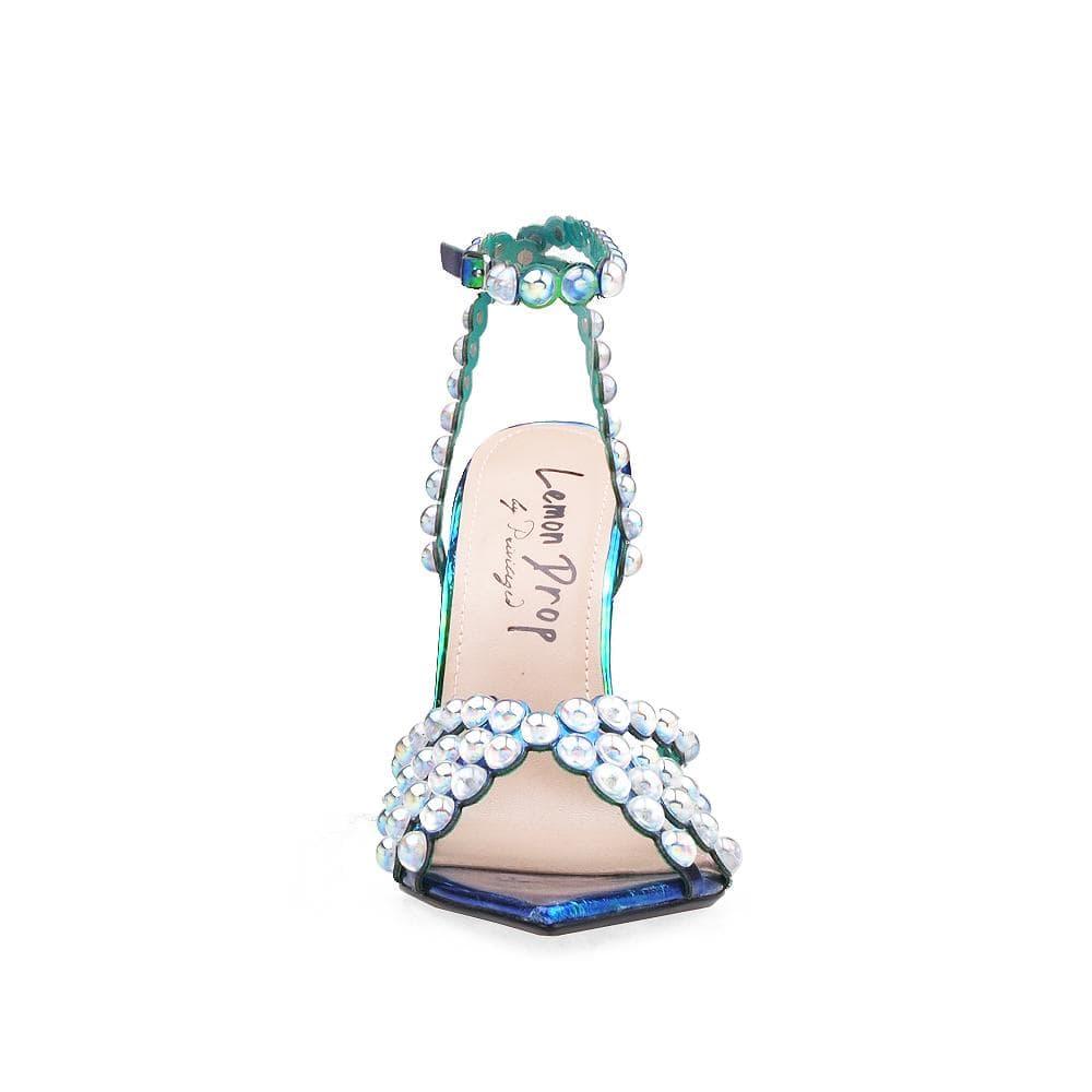 Green-colored women's pearl embedded open toed heels with ankle buckle fastening-side view-front view