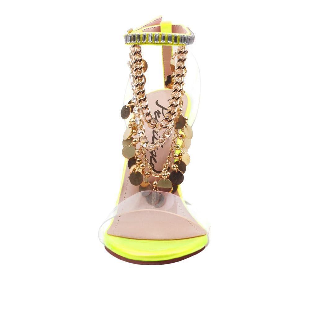 Neon-yellow colored women's heel with upper gold chains, rhinestones, metallic gold charms and ankle buckle closure-front view