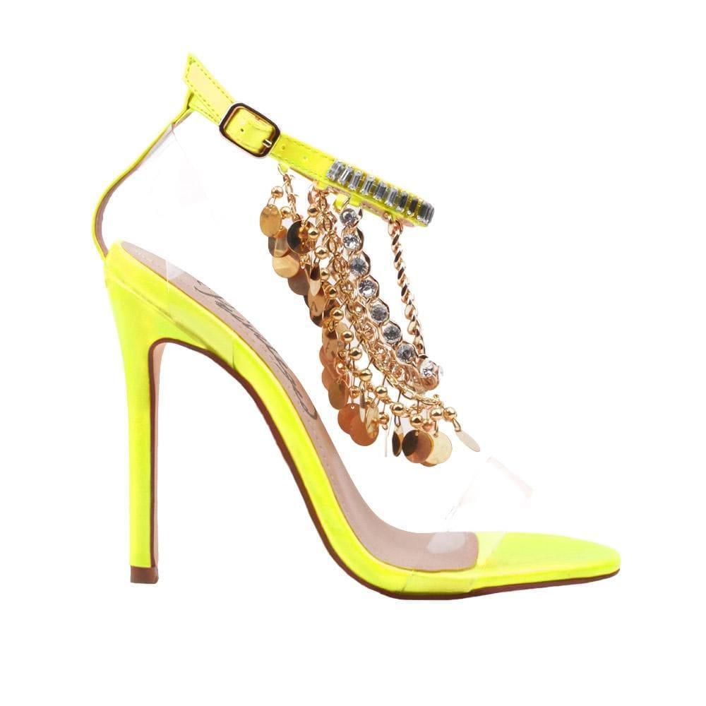 Neon-yellow colored women's heel with upper gold chains, rhinestones, metallic gold charms and ankle buckle closure-side view
