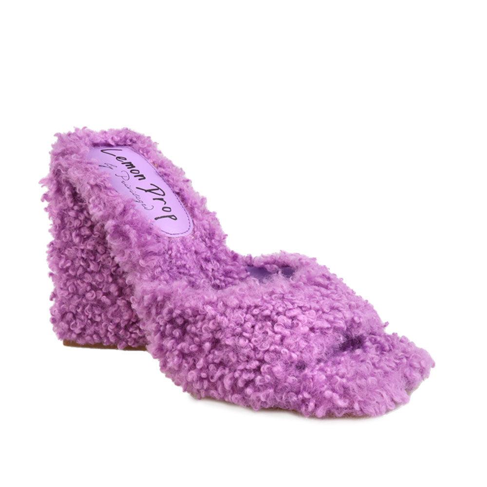 Women's open-toed purple-colored block heels with shearling top and slide-in style-corner view