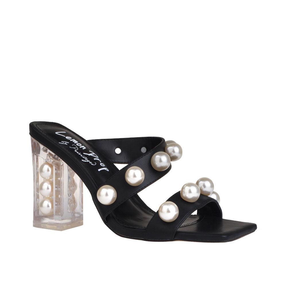 Black women heels with transparent block heel-corner view