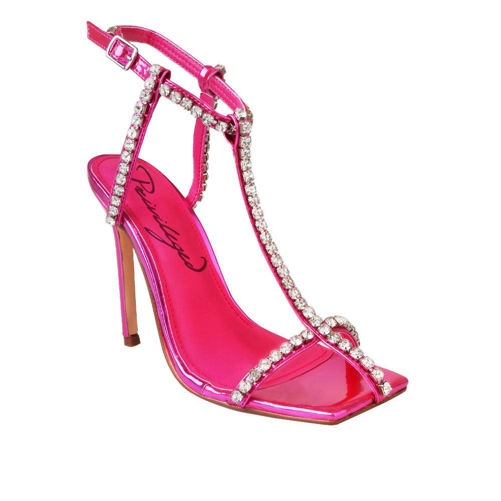 Pink colored women heels with silver embellished upper-corner view
