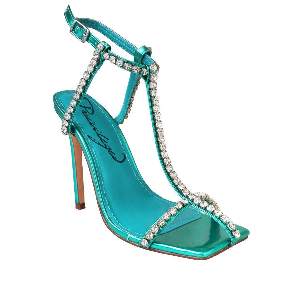 Green colored women heels with silver embellished upper-corner view