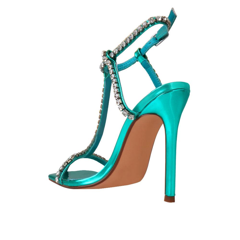 Green colored women heels with silver embellished upper-posterior view
