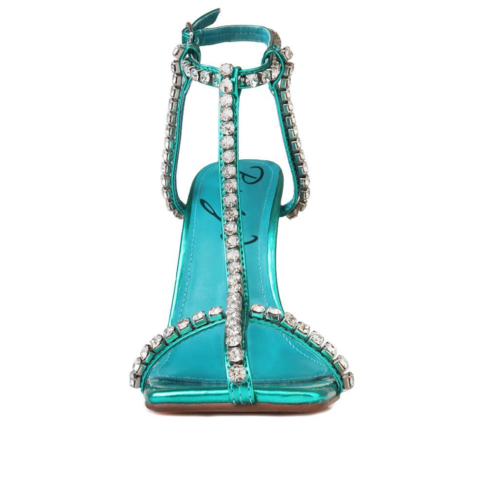Green colored women heels with silver embellished upper-front view