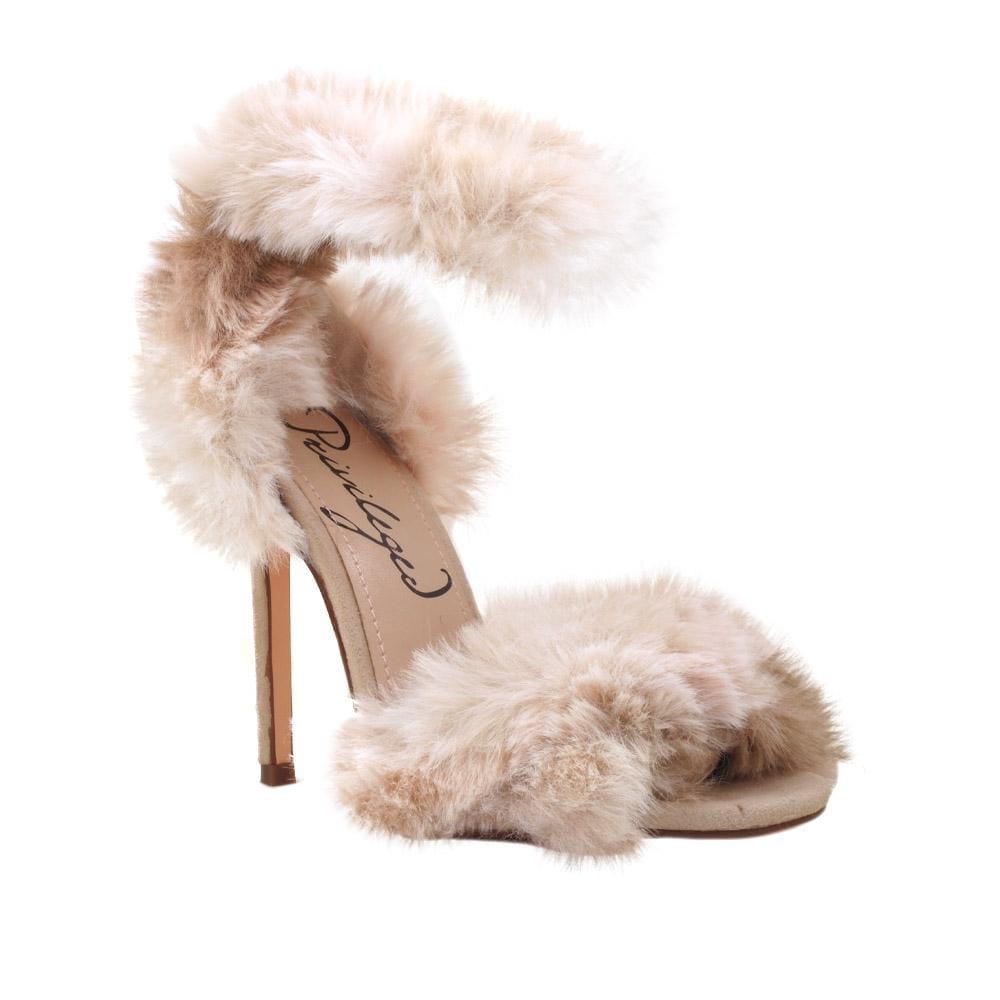 Nude colored women heels with fluffy upper-corner view