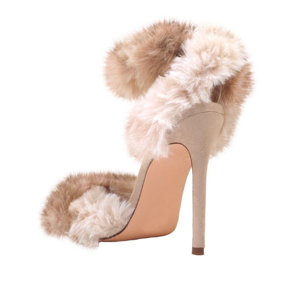 Nude colored women heels with fluffy upper-posterior view