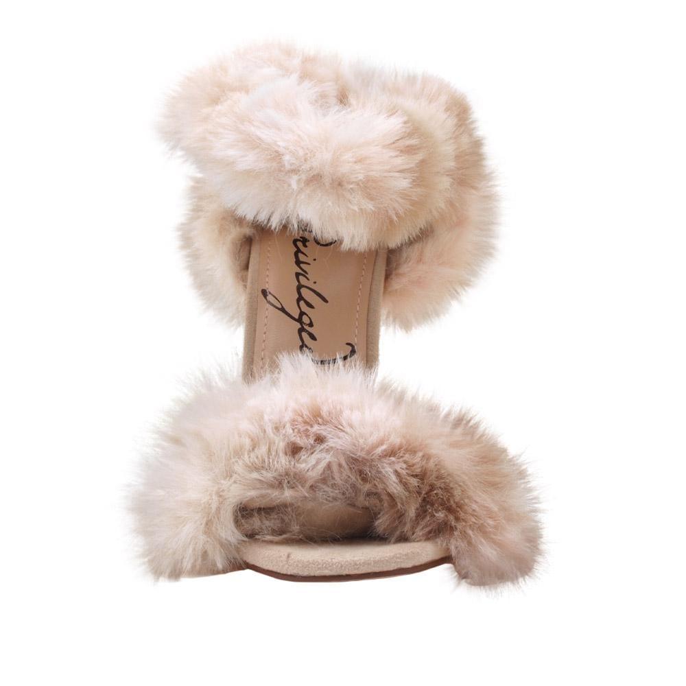 Nude colored women heels with fluffy upper-front view