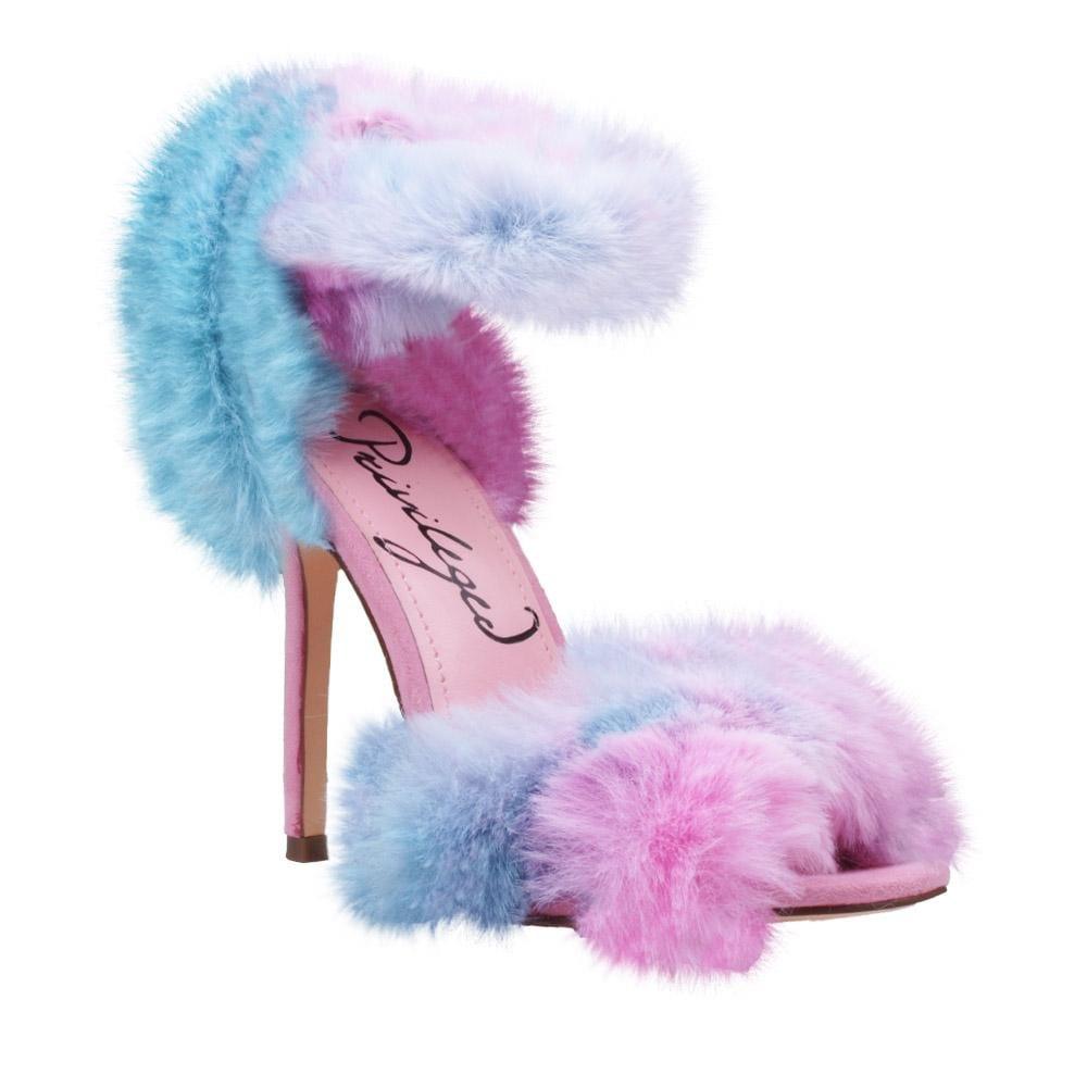 Multi-colored women heels with fluffy upper-corner view