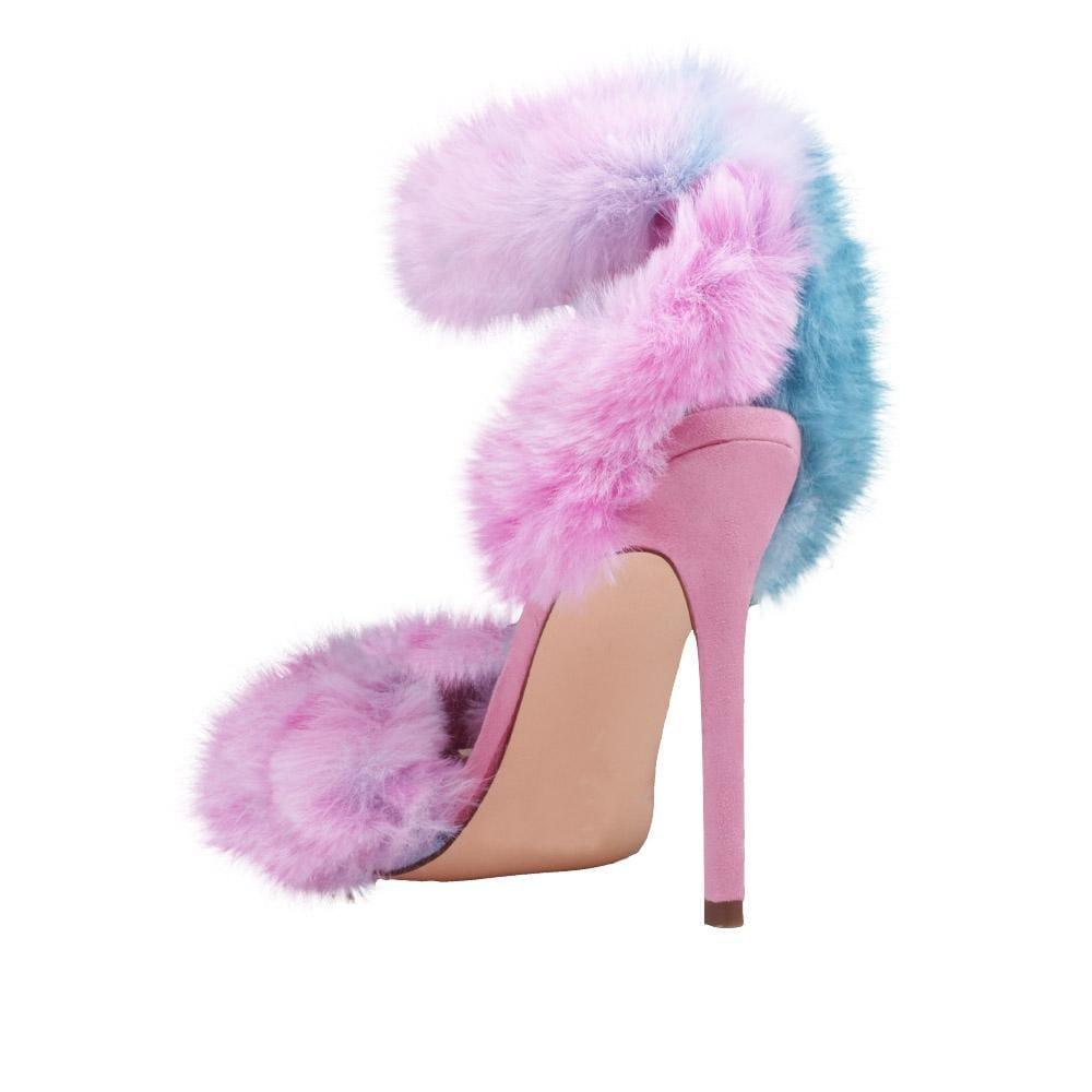 Multi-colored women heels with fluffy upper-posterior view