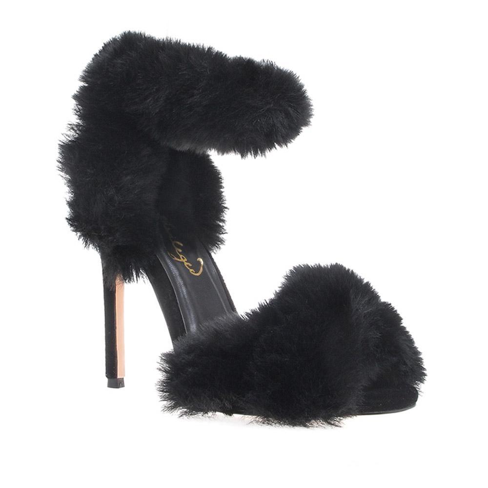 Black colored women heels with fluffy upper-corner view