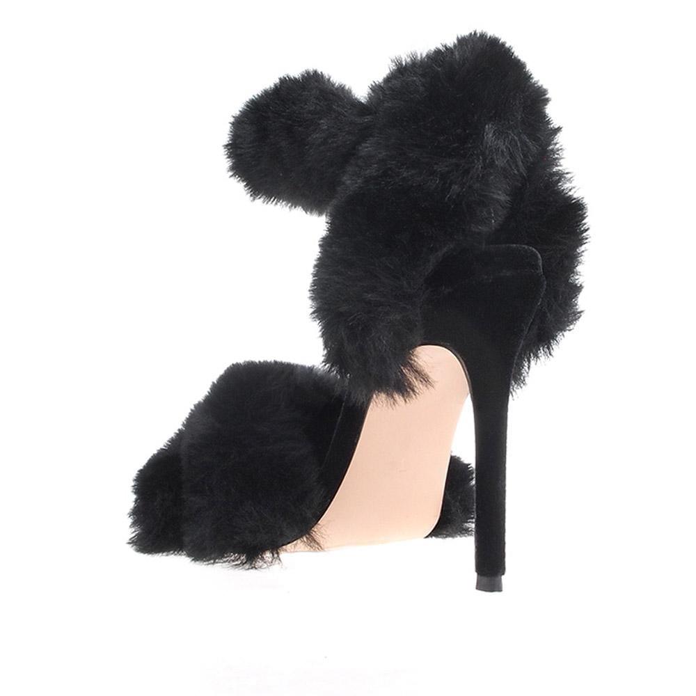 Black colored women heels with fluffy upper-posterior view