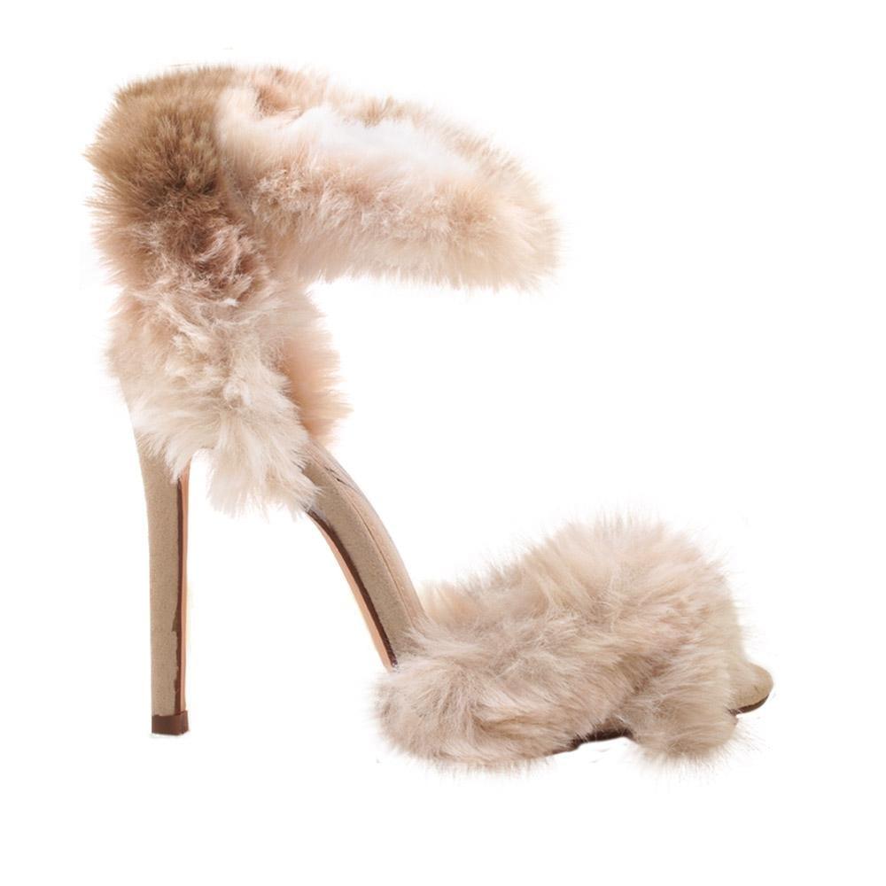 Nude colored women heels with fluffy upper-side view